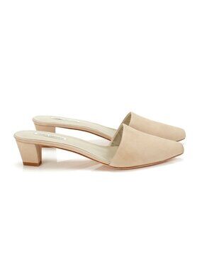 New HANDMADE Beige Genuine Leather Pointed Toe Low Heel Slide Mules NYC Designer
